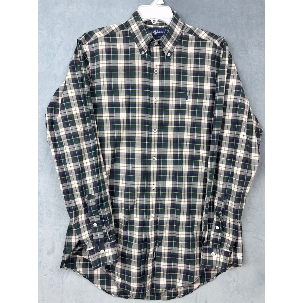 Ralph Lauren Mens Medium Plaid Button Down Shirt Navy Green Cotton Long Sleeve